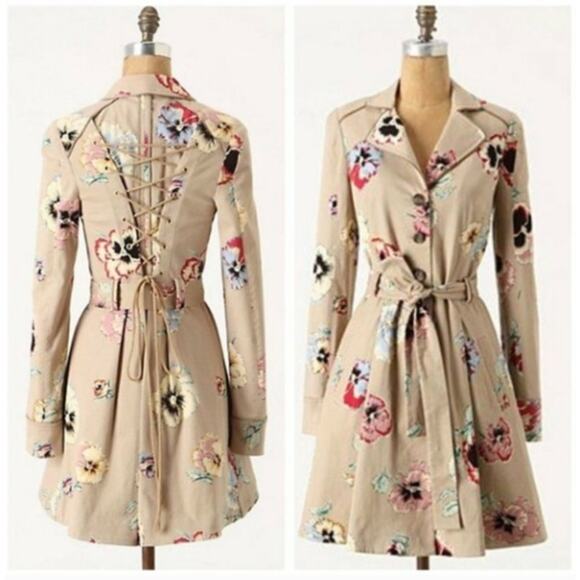ANTHROPOLOGIE x ELEVENSES Pansy Corset Trench Coat Tan Khaki RARE Sz 12 - Picture 1 of 6